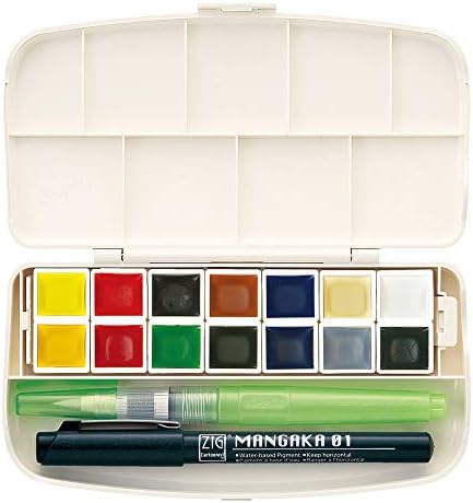 Kuretake GANSAI TAMBI Portable 14 Colors set, Watercolor Paint Set, Travel kit with Brush, Palette, for Professional, Artists, Crafters, Urban Sketch, Outdoor Sketch, Made in Japan Kuretake