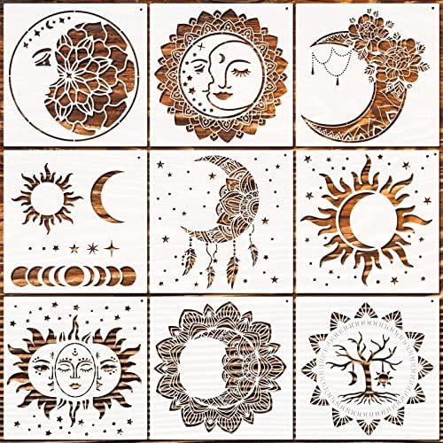 Zubebe 9 Pieces Mandala Sun and Moon Stencil Moon Sun Flower Star Stencil Mandala Sun Moon Stencils Reusable Painting Templates with Metal Open Ring for DIY Scrapbooks Wood Wall Home Painting Zubebe