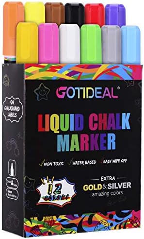 GOTIDEAL Liquid Chalk Markers, 12 Colors Premium Window Chalkboard Neon Pens, Including 2 Metallic Colors, Painting and Drawing for Kids and Adults, Bistro & Restaurant, Wet Erase - Reversible Tip GOTIDEAL