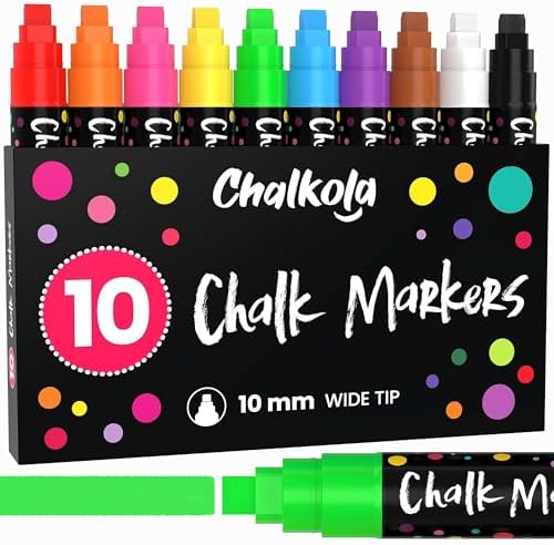 Chalkola Extra Fine Tip Chalk Markers (1mm Point, 10 Pack) - Wet Erase, Liquid Chalk Pens for Blackboard, Car Windows, Bistro, Glass, Wall Calendar, Acrylic Board | Erasable Neon Chalkboard Markers Chalkola