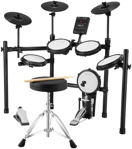 Fesley Electric Drum Set with Quiet Mesh Drum Pads: Dual Zone Snare Drum Electronic Drum Set, 5 Drums with Independent Kick Drum For Beginner, 3 Cymbals with Choke Fesley