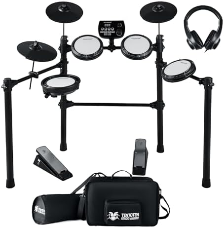 Electric Drum Set, Electric Drum Set Adult Full Size with 4 Quiet Mesh Drum Pads, Cymbals, Headphones, 2 Pedals, 195 Sounds & 15 Kits Electronic Drum Set for Beginner TOT-600 TENTOTEN