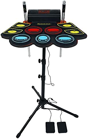 (9 Pads) Electronic Drum Set with Light Up Drumsticks and Stand, Electronic Drum Pad with 5 Different Drum Kit, 10 Unique Rhythms, Bulit-in Double Speakers, Roll Up Drum Kit, Kids Drum Set Vhffoso