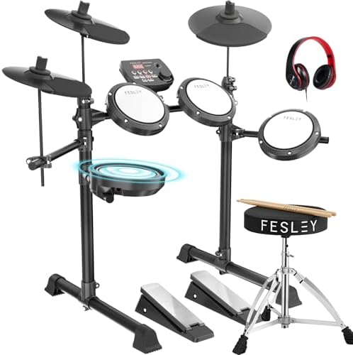 Fesley FED150W Electric Drum Set: Electronic Drum Set with 4 Quiet Mesh Drum Pads, Dual Zone Snare Drum, 2 Cymbals w/Choke, Portable Drum Kit for Beginner, Bluetooth, MIDI, Throne, Headphone, Sticks Fesley