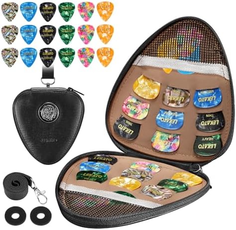 LEKATO Guitar Pick Holder Case with 20Pcs Guitar Picks, PU Leather Plectrums Guitar Picks Case with Lanyard, Guitar Picks Mesh Pocket for Guitar Accessories,Gifts for Guitar Lovers LEKATO