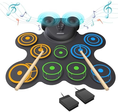 MARVTOWN 10 Pads Electronic Drum Sets, Drum Practice Pad with Headphone Jack, Built-in 2 Speaker Foot Pedals and Drumsticks, Kids Drum Set Compatible with MIDI Output, Christmas gifts for kids MARVTOWN