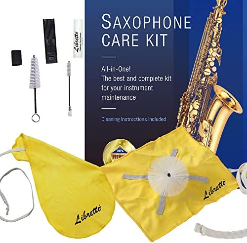 Libretto Alto Saxophone ALL-INCLUSIVE Giftable Care Kit: Mouthpiece Brush + Dust Brush + 2 Microfiber Cleaning Swab + Thumb Cushion + Premium Cork Grease + Reed Case, Handy Case, Extend Life of Sax! Libretto