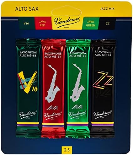 Vandoren SRMIXA2 Alto Sax Jazz Reed Mix Card includes 1 each ZZ, V16, JAVA and JAVA Red Strength 2 Vandoren