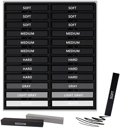 24 Pcs Compressed Charcoal Sticks with Soft, Medium, Hard and White Charcoal - Premium Drawing Charcoal Kit for Drawing, Sketching and Shading - Art Supplies for Artists Beginners Dlicoda