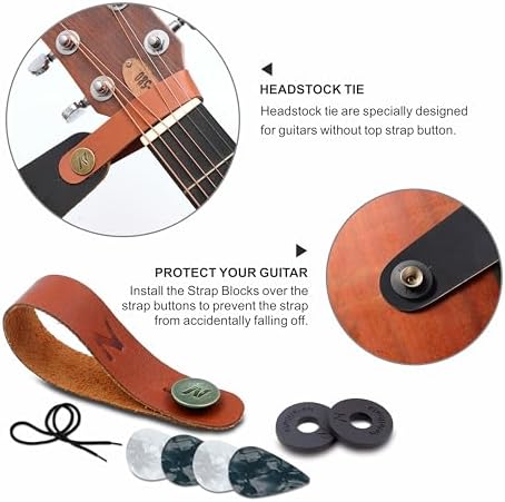 Nefelibata Guitar Strap, Embroidered Cotton Guitar Straps with Head Cowhide Leather Ends for Bass, Electric & Acoustic Guitars, with Free Strap Button, 1 Pair Strap Locks and 4 Guitar Picks (Saffron) Nefelibata