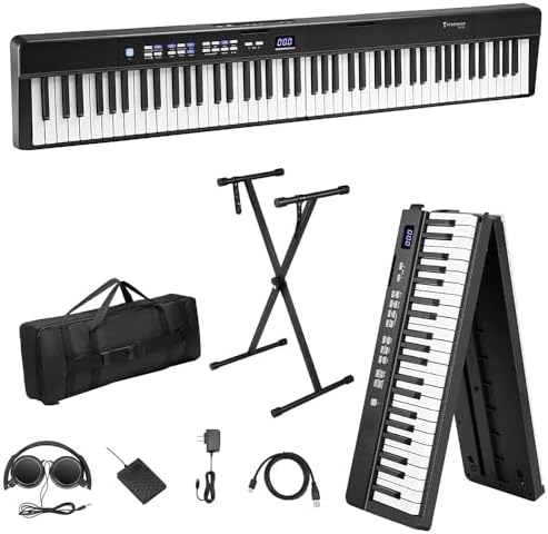 Starfavor SP-15F Folding Piano Keyboard, Semi Weighted Keyboard 88 Key Keyboard, 88 Keys Full Size Electric Piano, Portable Keyboard Piano, Bluetooth Foldable Piano, with Piano Stand Starfavor