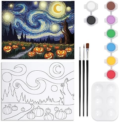 VOCHIC Pre Drawn Canvas for Painting for Adults Halloween Paint and Sip Party Supplies, Canvas Painting Party Kits to Paint Starry Sky Pumpkin Art Set for Beginner Gift Favor(10x8) VOCHIC