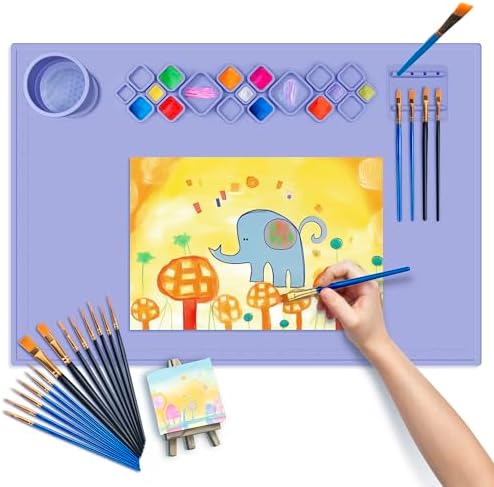 XL Silicone Paint Mat for Kid, 24"x16" Painting Station for kids Gift Silicone Art Mat, Silicone Mats for Crafts with Paint Brush Cleaner Tray Palettes, Painting Brushes Mini Canvas Easel (Blue) FINFINLIFE