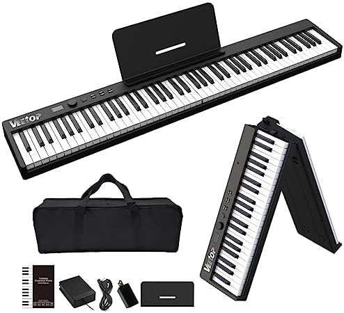 Keyboard Piano Folding Piano with Full Size, Veetop 88 Keys Keyboard Digital Piano Wood Grain Touch Sensitive Keyboard with Bluetooth MIDI, Electric Portable Piano for Beginners and Travel(Black) Veetop