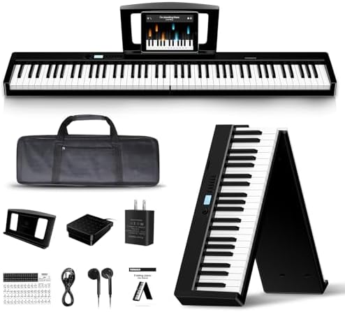 TERENCE Piano Keyboard, 88 Key Full Size Weighted Folding Piano Keyboard, Digital Keyboard Piano with 2X5W Speakers, Music Stand, Keyboard Stickers, Earphones and Sustain Pedal TERENCE