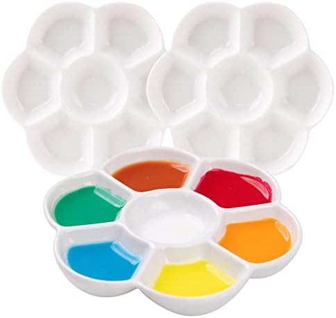 MEEDEN 7-Well Ceramic Paint Palette: 3 Pcs Watercolor Palette 4.7'' x 0.6'' - Porcelain Paint Palette Tray for Gouache Painting, Round, White MEEDEN