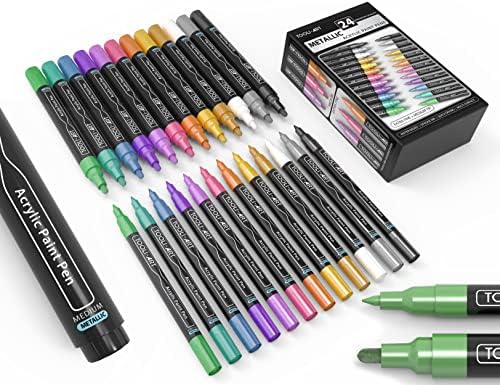 24 Confetti Colors Acrylic Paint Pens Markers Set 3mm Medium Tip, Rock Painting, Glass, Mugs, Wood, Metal, Canvas, Pottery, Plastic, DIY Projects, Illustration. Non Toxic, Waterbased, Quick Drying TOOLI-ART