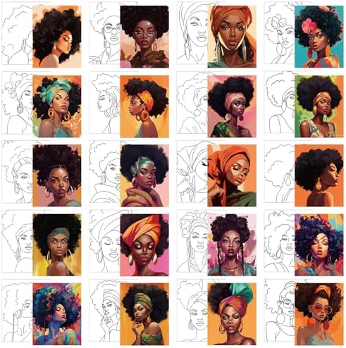 Sherr 20 Pcs Stretched Pre Drawn Canvas Afro Queen Black Art for Painting for Adults Outline Pre Drawn Stretched Cotton Canvas Painting Canvas to Paint Paint Party Set, 8 x 10''(Cool) Sherr