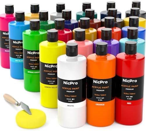 Nicpro 24 Colors Large Bulk Acrylic Paint Set (8.45 oz,250 ml) Non Toxic Artist Painting Supplies for Multi Surface Canvas, Wood, Fabric Leather, Rock, Glass, Paper, Crafts, Hobby with Color Wheel Nicpro