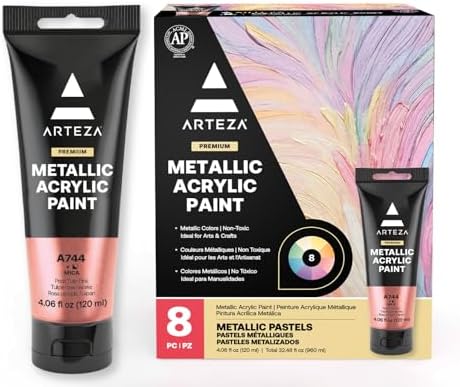 Arteza Metallic Acrylic Paint, Set of 8 Classic Elements Colors 4.06oz Tubes, Rich Pigments, Non Fading, Non Toxic Paints for Artists & Hobby Painters, Art Supplies for Canvas Painting & Crafts ARTEZA