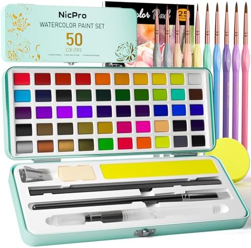 Nicpro 50 Colors Watercolor Paint Set, Including Metallic & Fluorescent Color, 8PCS Pastel Detail Painting Brush, Water Color Paper, Palette, Art Supplies Kit for Artist Adult Beginner with Gift Box Nicpro