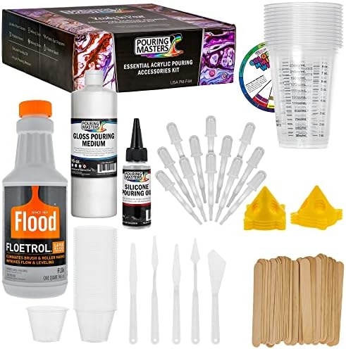 U.S. Art Supply - 1 Quart Floetrol Additive Pouring Supply Paint Medium Deluxe Kit for Mixing, Epoxy, Resin - Silicone Oil,1 and 10 Ounce Plastic Cups, Mini Painting Stands, Sticks, Pallete Knifes U.S. Art Supply