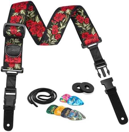 LEKATO Floral Bass Strap, Flower Guitar Strap for Bass Electric Acoustic Guitar 2" Wide with Clip Buckle, Rose Embroidery Woven Guitar Straps with Pick Holder, 2 Blocks, 6 Picks (Purple) LEKATO