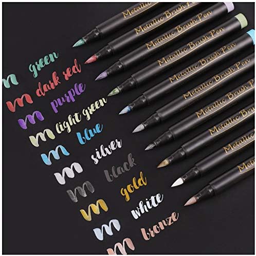 Dyvicl Metallic Brush Marker Pens - Metallic Pens Art Markers for Calligraphy, Brush Lettering, Black Paper, Rock Painting, Card Making, Scrapbooking, Fabric, Metal, Ceramic, Wine Glass, Set of 9 Dyvicl