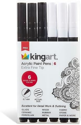 KINGART 453-6A PRO Extra Fine Pt. Black & White Paint Pens, 0.7mm Tip, 6 Acrylic Paint Markers, Low-Odor & Quick Drying for Rock, Wood, Metal, Plastic, Glass, Ceramic & More, Set of 6 Kingart