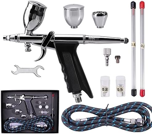 SAGUD Airbrush Gun Set Single Action Air Brush Pen 0.3mm with Extra 0.5 0.8 mm Needles,Airbrush Hose and 2CC/5CC/13CC Cup Kit Sagud