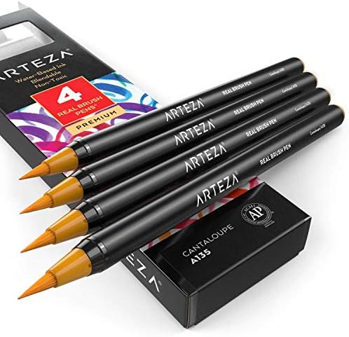 Arteza Real Brush Pens, A116 Peach, Pack of 4, Watercolor Pens with Nylon Brush Tips, Art Supplies for Dry-Brush Painting, Sketching, Coloring & Calligraphy ARTEZA