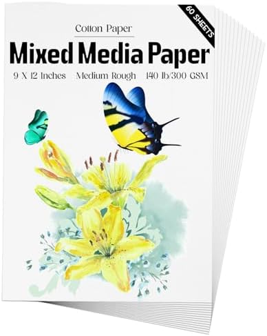 Mixed Media Paper 60 Sheets, 9 X 12 Inches 140 LB/300 GSM Heavyweight Cotton Paper Smooth/Medium Rough Texture Art Paper for Watercolor, Gouache, Marker, Painting, Drawing, Sketching Magecubiku