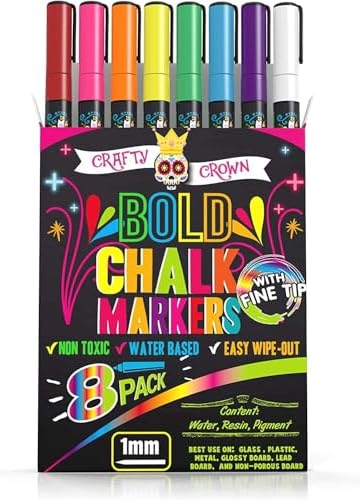 CHALKY CROWN Bold Chalk Markers - Dry Erase Marker Pens - Liquid Chalk Markers for Chalkboards, Signs, Windows, Blackboard, Glass - Reversible Tip (8 Pack) - (Multicolored, 1mm) CHALKY CROWN