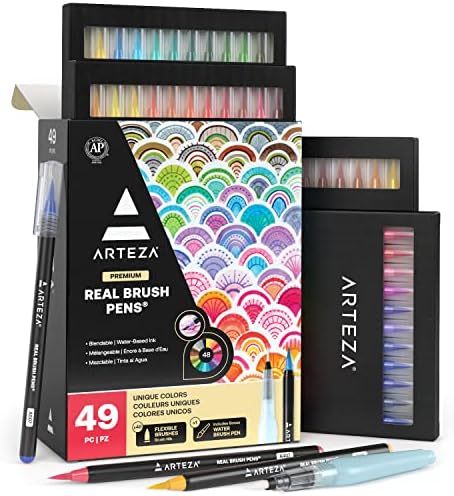 ARTEZA Watercolor Pens, 36 Dual-Tip Markers with Flexible Nylon Brush Tips, Classic Tones, Double Sided Markers with Water Brush ARTEZA