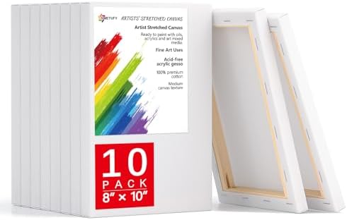 Simetufy 8x10 Inch Stretched Canvas for Painting, 10 Pack 100% Cotton Professional Blank Art Canvas Using Acrylic Paint or Oil (Pre-Primed) Simetufy