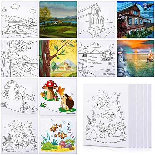 Meanplan 12 Pcs Pre Drawn Canvas for Painting 4 x 4 Inch Pre Drawn Stretched Canvas Painting Boards for Painting Art Gifts for Beginner Paint(Classic Style) Meanplan