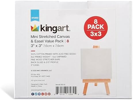 KINGART 855-8 White Mini 3" x 3" STRETCHED ARTIST CANVAS w/Display Easels, Value Pack 8 each. Square Canvases & Wood Easels, Gesso Primed - 100% Cotton, Art Supplies for Oil and Acrylic Painting Kingart