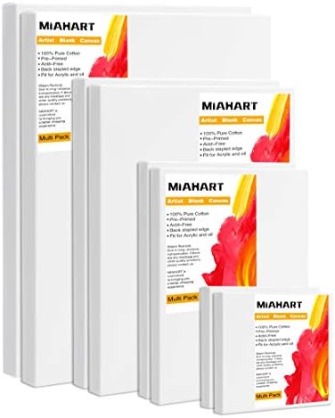 MIAHART Multi-Pack Stretched White Blank Canvas 8 Pack Artist Blank Canvas Frame in 4x4, 6x8, 8x12,12x16 for Acrylic, Oil Water Painting Board Wet or Dry Art Media Artists Miahart