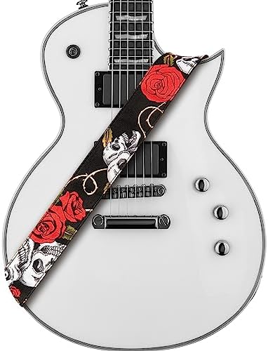 Amumu Rose SKull Guitar Strap -Extra-Long Leather Ends. Ideal for Electric and Acoustic Guitars, Bass Accessories. Amumu