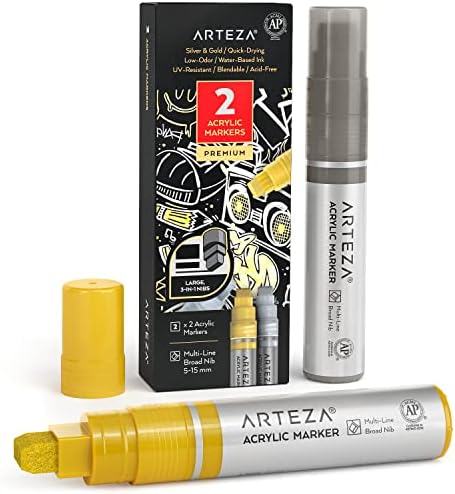 ARTEZA Acrylic Paint Pens, Pack of 2, Black, 3-in-1 Multi-Line Nibs, 5–15 mm Line, UV-Resistant Paint Markers for Rocks, Glass, Metal, and Wood, Art Supplies for School, Office, and Home ARTEZA