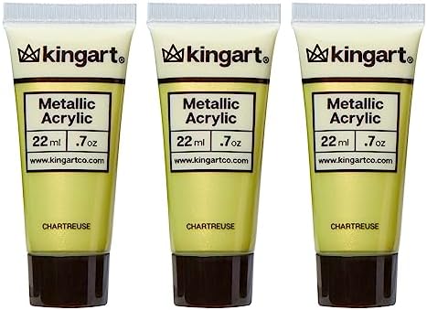 KINGART 502-122 PRO Artist Quality METALLIC CHARTREUSE Acrylic Paint, 22ml (0.74oz) Tubes, 3 Pack - Set (66ml Total), Metallic Chartreuse Green Kingart