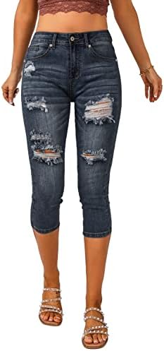 Vetinee Women's High Waisted Casual Ripped Skinny Slim Fit Stretch Denim Capri Jeans Vetinee