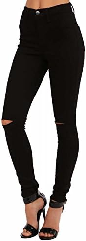 Vibrant Women's Stretch Skinny Jeans - High Waisted Slit Ripped Knee Solid Casual Denim Pants Vibrant