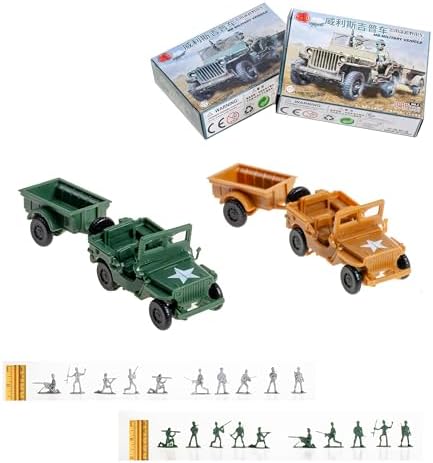 1:72 Assmbly Vehicle Model Willys-Jeep with Trailer for DIY and Painting 2 Colors Plus 20 Mini Soldier Figures INGWETECH