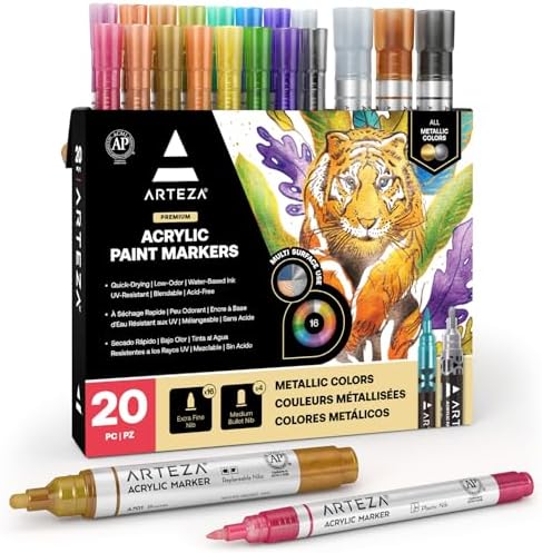 ARTEZA Acrylic Paint Markers, Set of 12 Metallic Marker Pens, 6 Gold and 6 Silver, Extra-Fine Nibs, 15mm, Blendable, for Stone, Glass, Wood, Ceramics ARTEZA