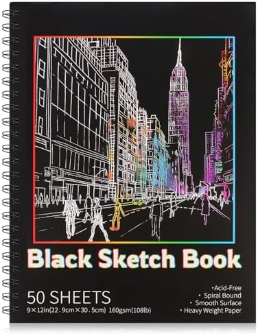 50 Sheets Black Paper Sketchbook, 108 lb/160gsm Heavyweight Black Sketch Pad 9×12in, Acid-Free Drawing Paper, Spiral Bound Sketch Book for Kids, Teens, Artist, Stocking Stuffers Prudiut