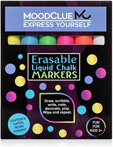 Liquid chalk markers erasable. 6 neon dry & wet erase marker pens for windows, mirrors, whiteboards, chalkboards, glass boards, auto windshields. Reversible thick and thin tip. Washable MoodClue