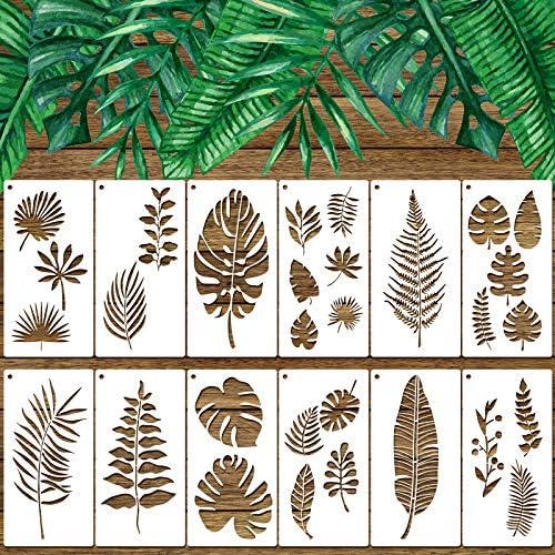 12 Pieces Tropical Fern Leaf Painting Stencils Large Reusable Palm Turtle Leaf Wall Stencil Flexible Botanical Leaves Template Set Crafts for Furniture Canvas Wood Plank (4 x 8 Inches) Zonon