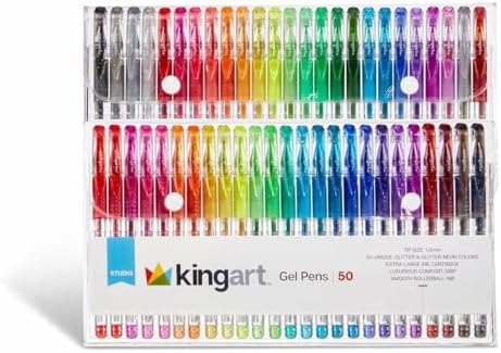 KINGART 400-50 Glitter Rollerball Gel Pens, 50 Sparkling Colors with Soft-Grip Comfort, XL Ink Cartridge - More Ink, Great for All Ages, Writing, Coloring, Doodling, Scrapbooking, Journaling & More Kingart