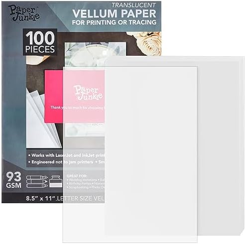 100 Sheets 8.5 x 11 in Translucent and Printable Vellum Paper for Invitation, Sketching & Card Overlays (93gsm/63lb) Paper Junkie